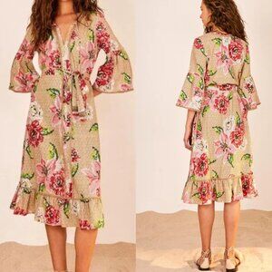 NWT Farm Rio Linen Midi Dress Woven Beige Floral Neck Tie Jute Accent Ruffles